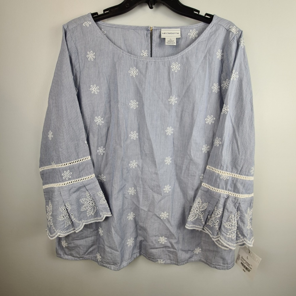 Liz Claiborne Blue White Striped Eyelet Bell Sleeve Cotton Blouse Large NWT